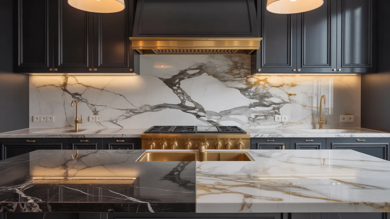  A modern kitchen featuring sleek black cabinets complemented by elegant gold accents.