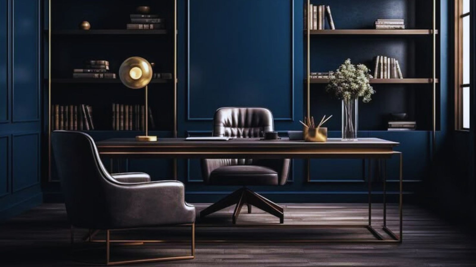 A dark blue office featuring a desk and chairs, creating a professional and modern workspace atmosphere.