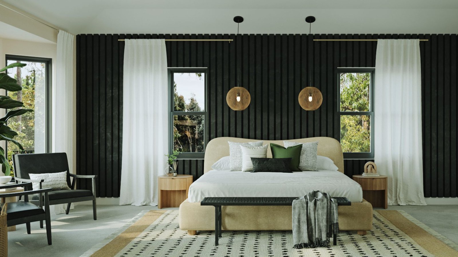 A modern bedroom featuring black walls complemented by white accents, creating a striking contrast in the decor.