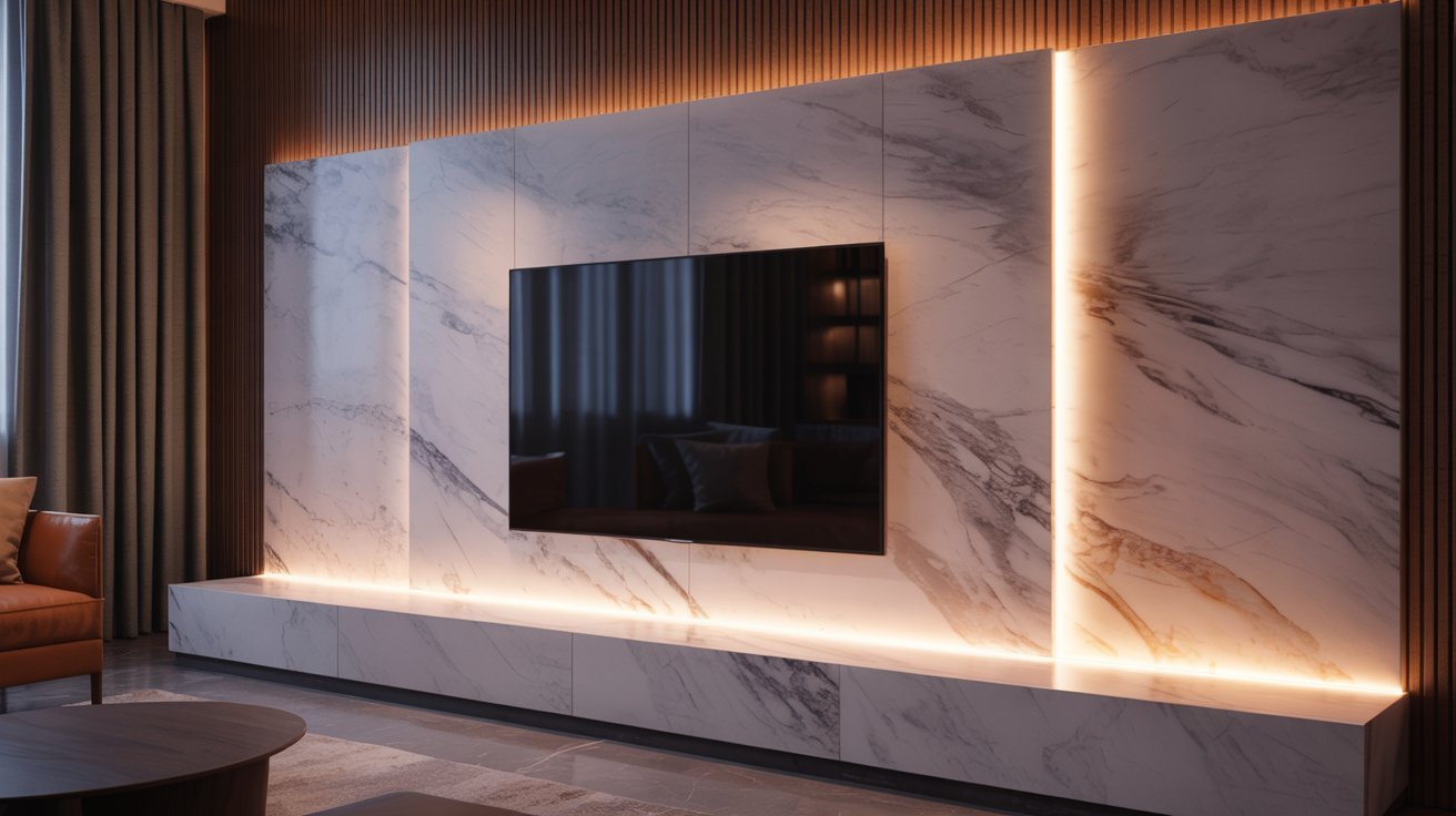 A modern living room featuring sleek marble walls and a flat-screen television mounted on the wall.