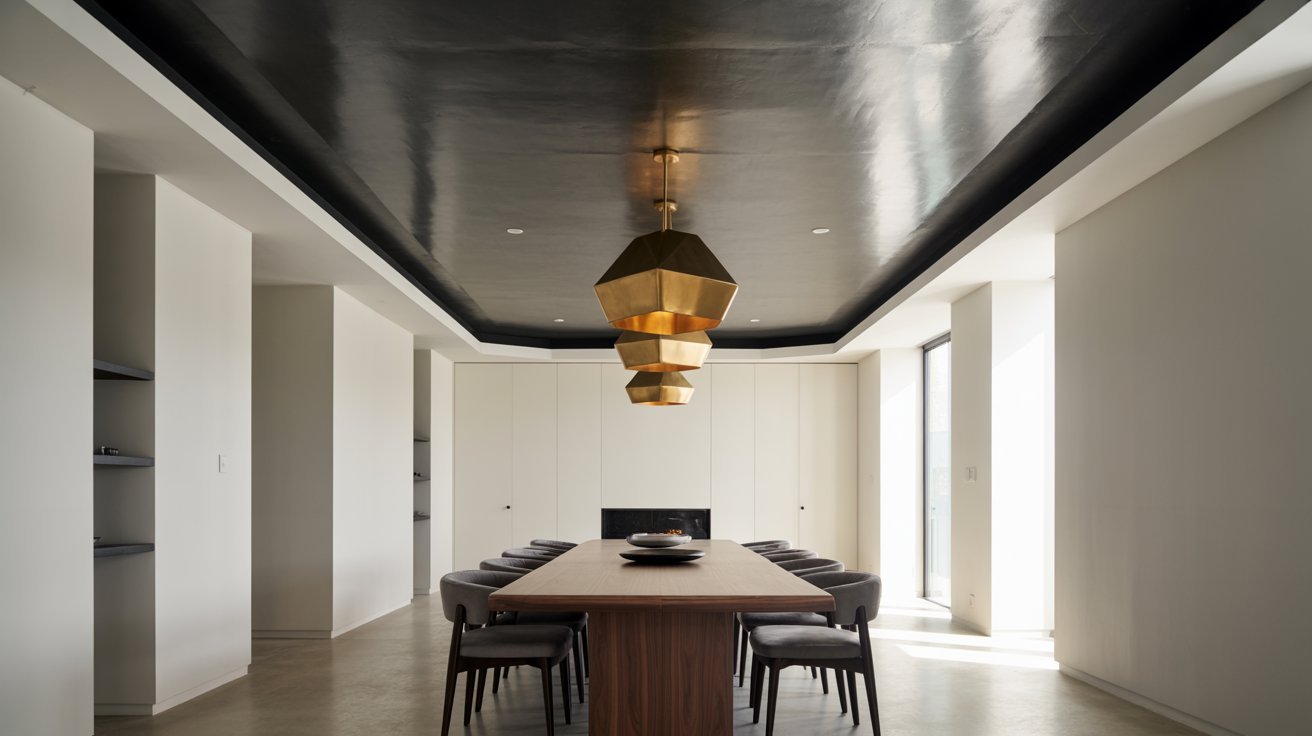 An elegant dining room with a lengthy table and multiple chairs arranged around it.