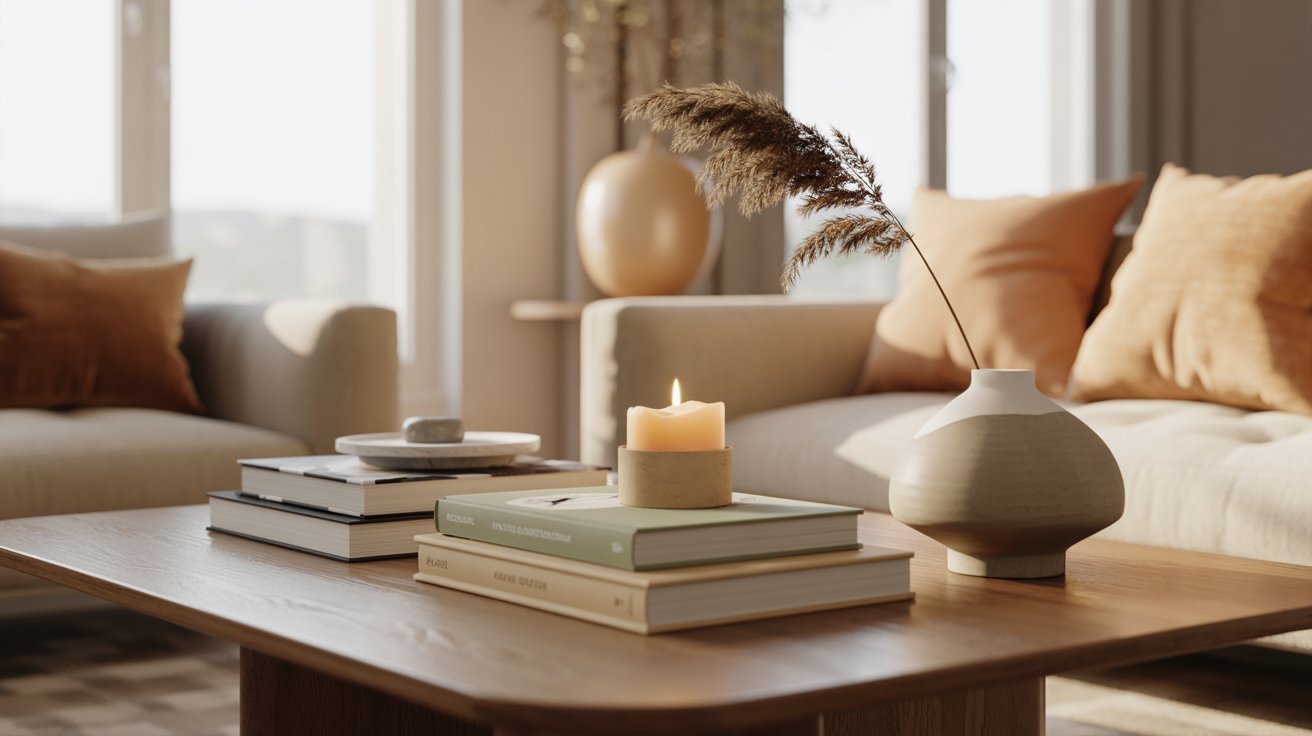 A cozy living room featuring a couch, books on a shelf, and a lit candle on a table, creating a warm atmosphere.