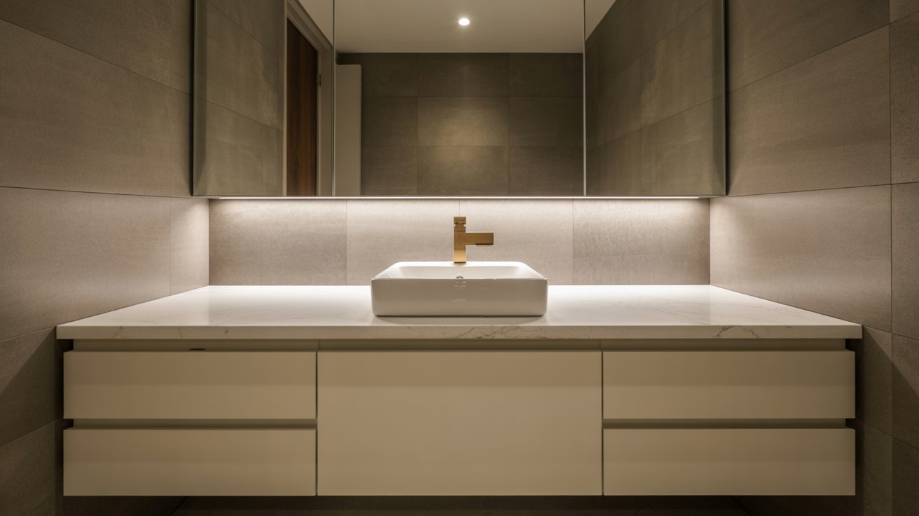 A modern bathroom featuring a sleek sink and a large mirror above it, showcasing contemporary design elements.
