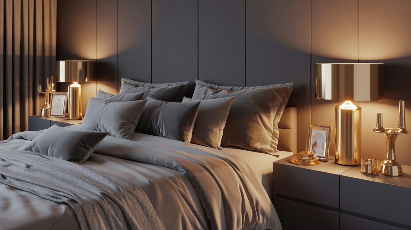 A modern bedroom featuring a neatly made bed, two nightstands, and stylish lamps on each side.