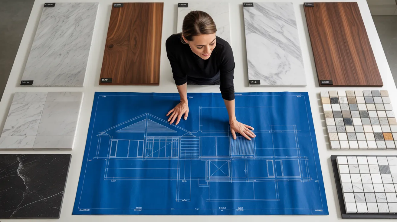 A woman examines a detailed blueprint of a room, focusing intently on the design and layout.