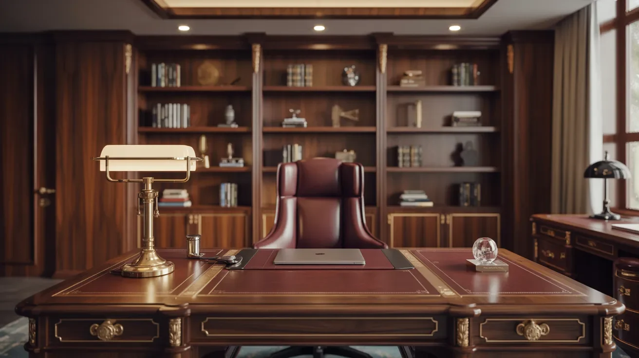A home office desk with a computer and bookshelves filled with books in the background.