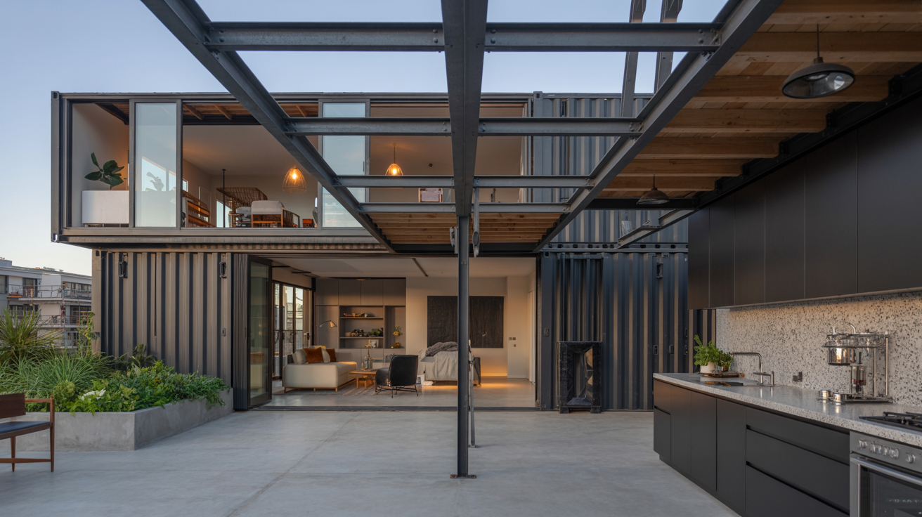 A modern home featuring a spacious patio and a contemporary kitchen, showcasing stylish outdoor and indoor living spaces.