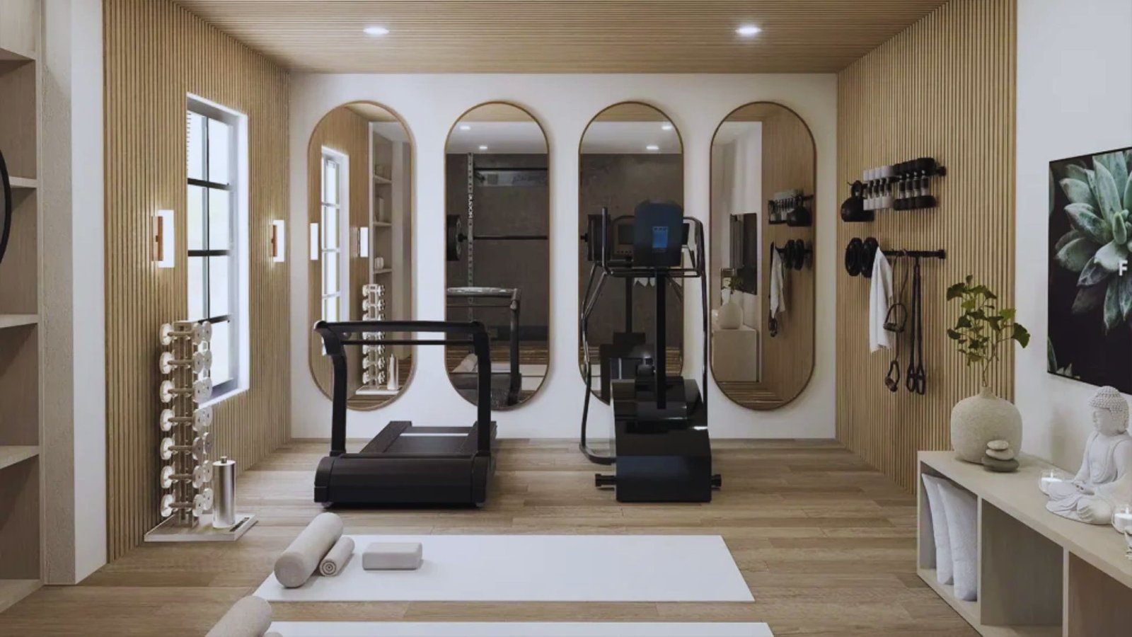 A fitness room featuring a treadmill, a large mirror, and various exercise equipment arranged neatly.