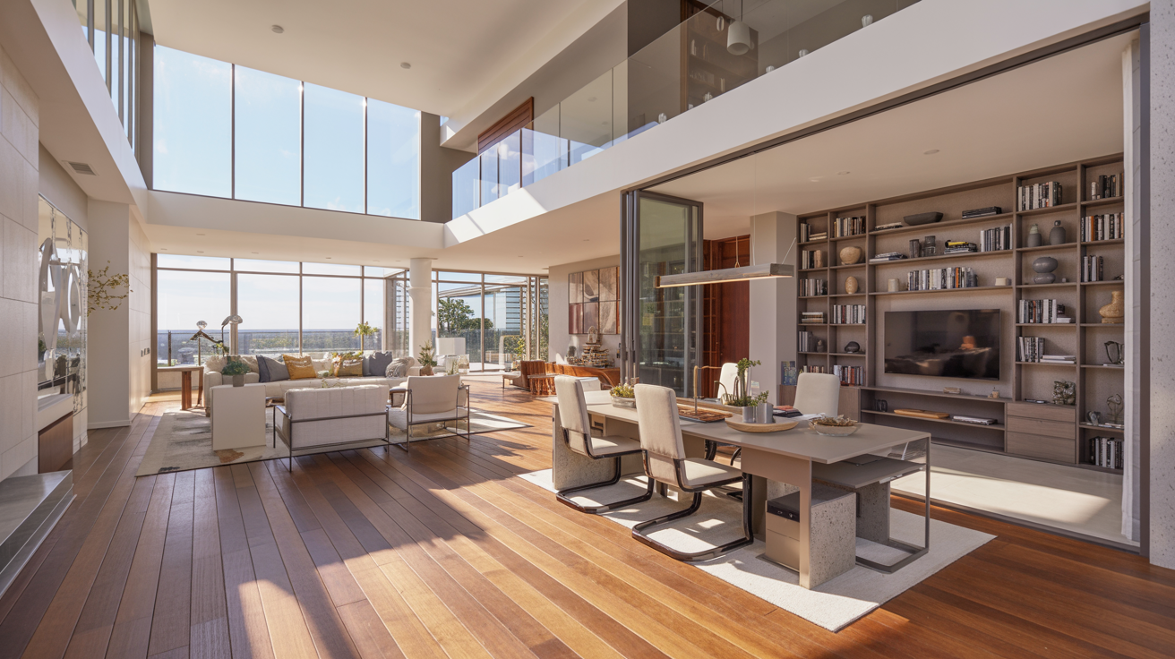 A modern living room featuring a spacious glass wall that enhances natural light and outdoor views.