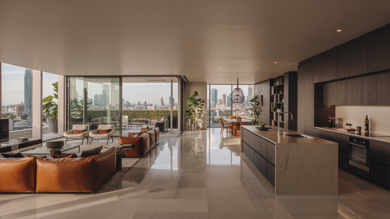  A modern living room featuring contemporary furniture and a panoramic view of the city skyline through large windows.
