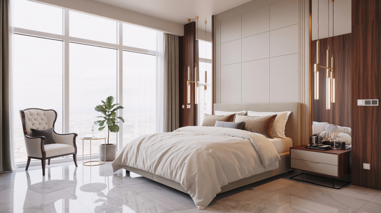 A stylish bedroom showcasing a large window and a cozy bed, offering a serene and comfortable environment.
