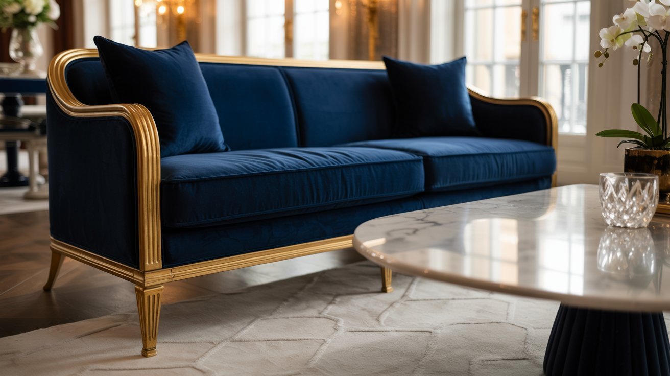 A blue couch positioned in a room featuring elegant gold accents on the walls and decor.