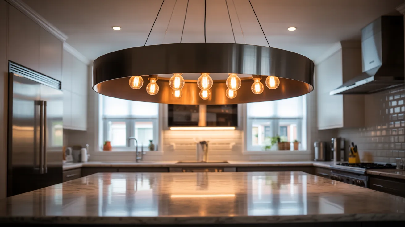 A modern kitchen featuring sleek cabinetry and a large pendant light hanging over a central island.
