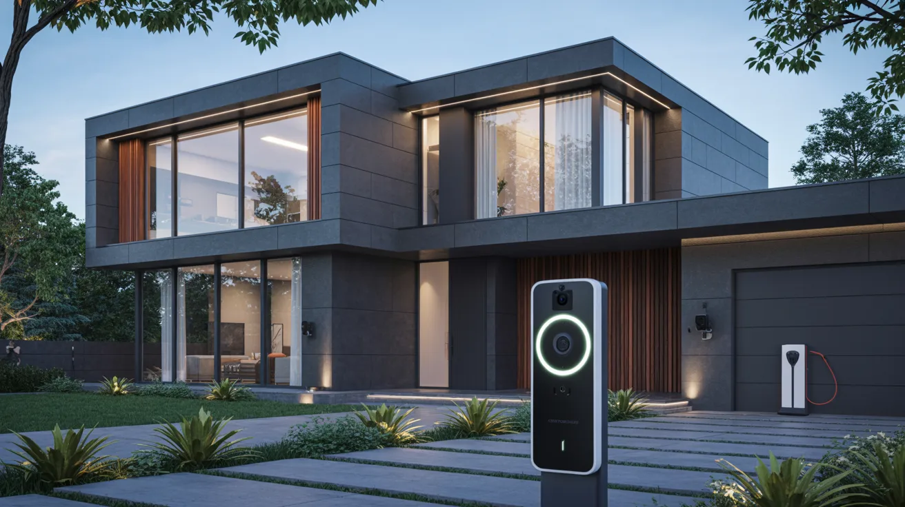 An electric car is charging at a residential home, with a charging station visible next to the vehicle.
