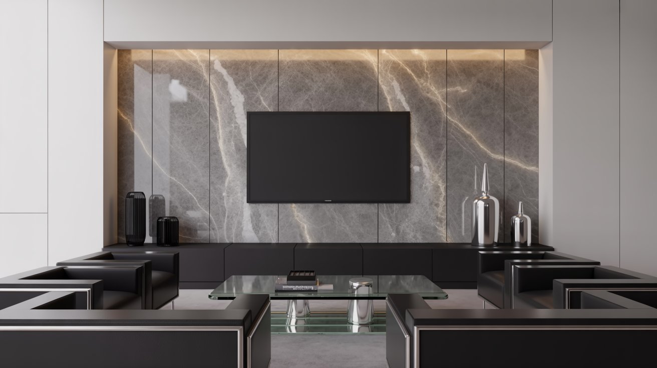 A modern living room featuring sleek black furniture and elegant marble walls, creating a sophisticated atmosphere.