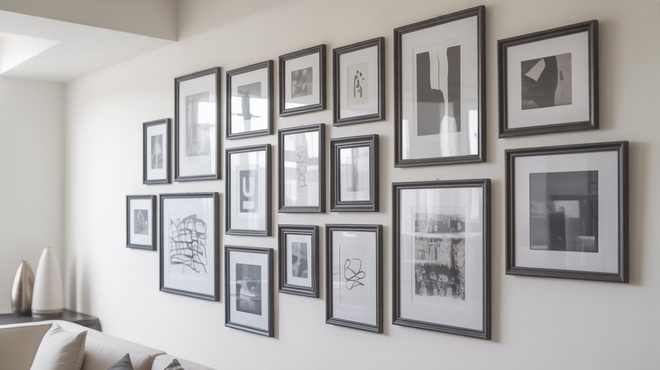A wall adorned with a collection of framed photographs, showcasing various images in an organized display.