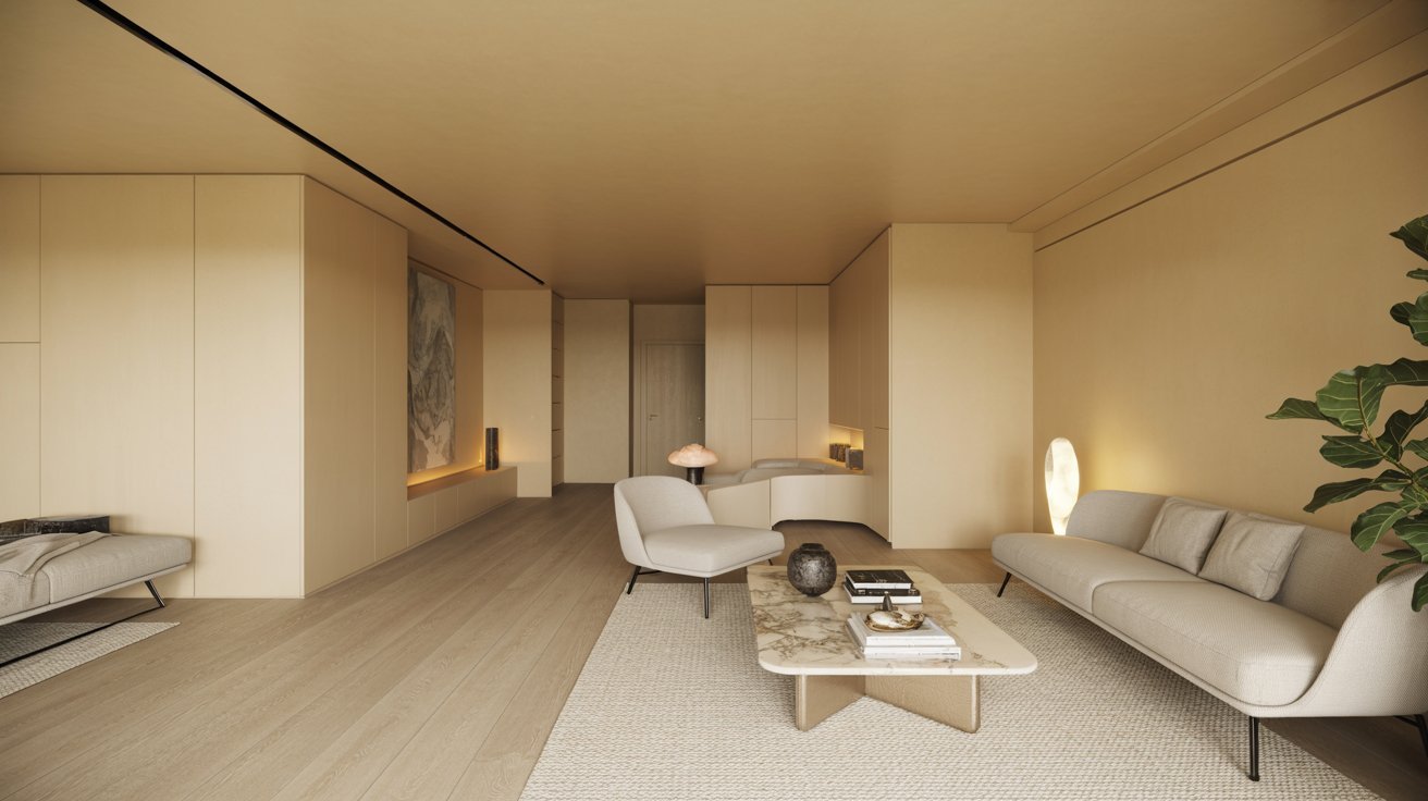 A modern living room featuring beige walls and wooden floors, creating a warm and inviting atmosphere.