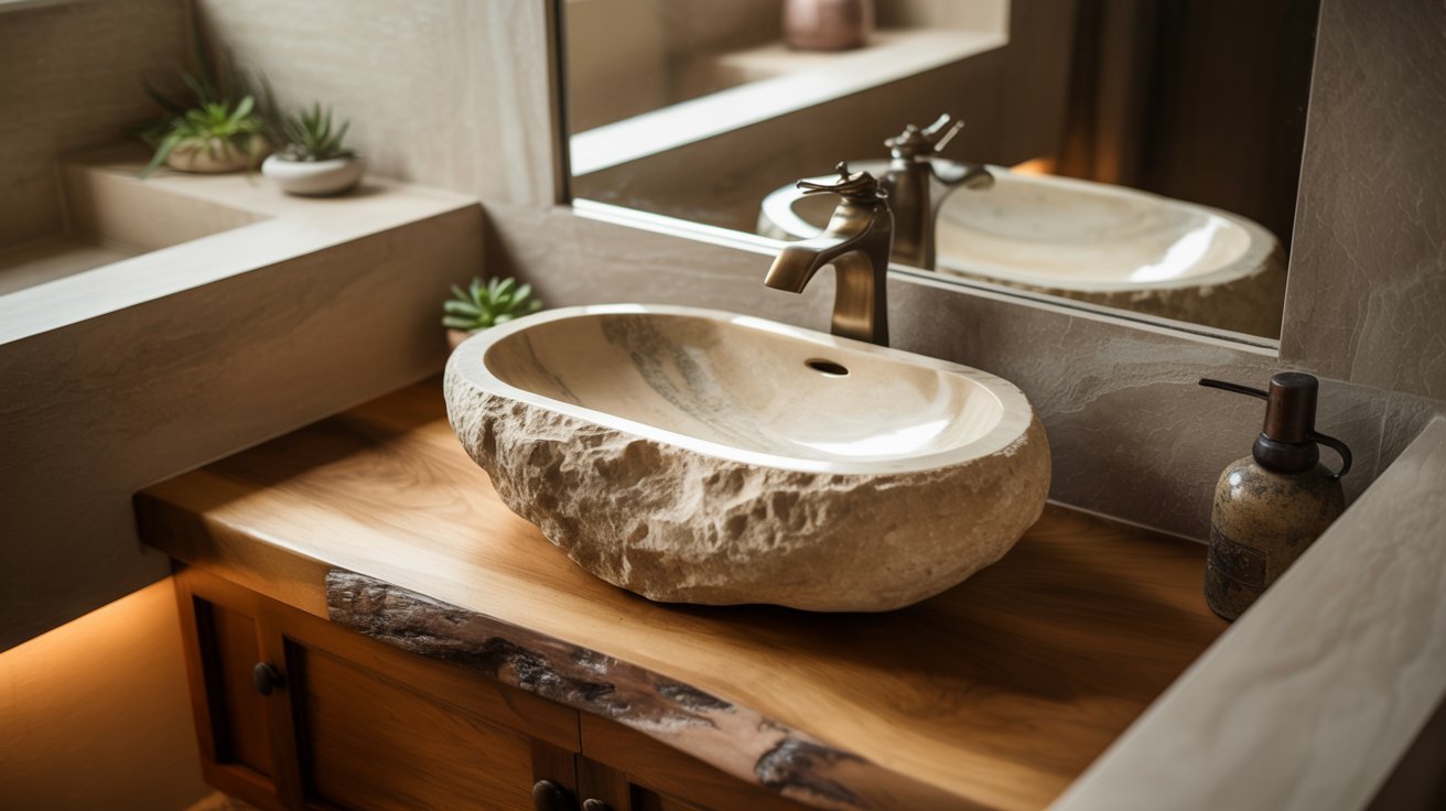 A stylish bathroom sink with a stone bowl and a large mirror reflecting the space.
