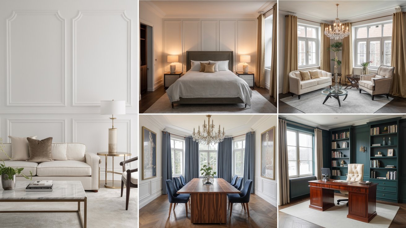 A collage of four living room photos, each displaying unique furniture layouts and decor styles.