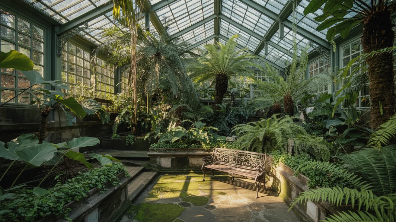 The greenhouse at the New York City Botanical Gardens, showcasing diverse plant species in a glass structure.
