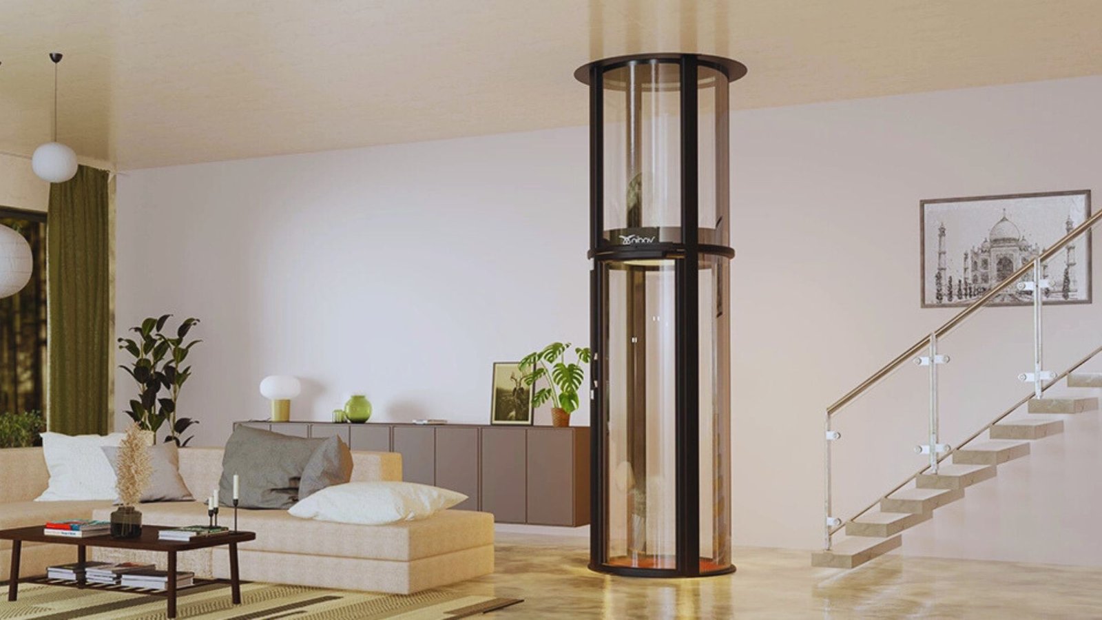 A modern living room featuring a sleek glass elevator, surrounded by contemporary furniture and large windows.