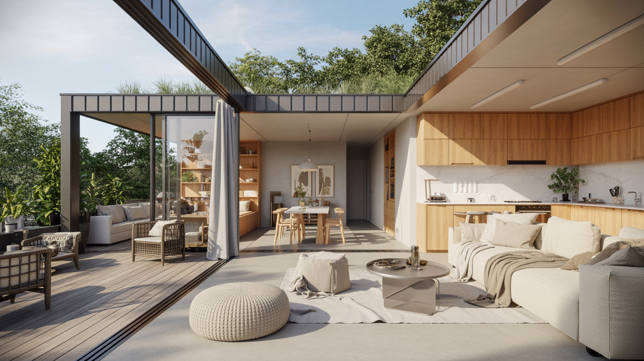 A modern outdoor living area featuring a stylish kitchen and a dining space surrounded by greenery.
