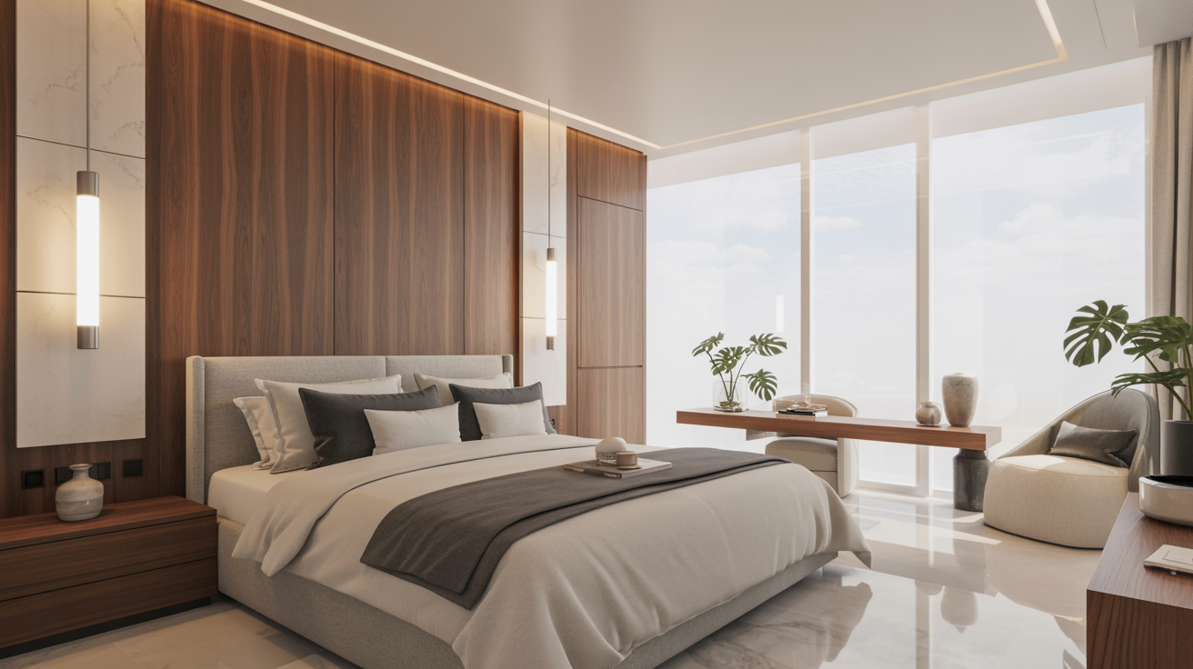 A modern bedroom featuring a large bed and elegant wooden paneling on the walls.