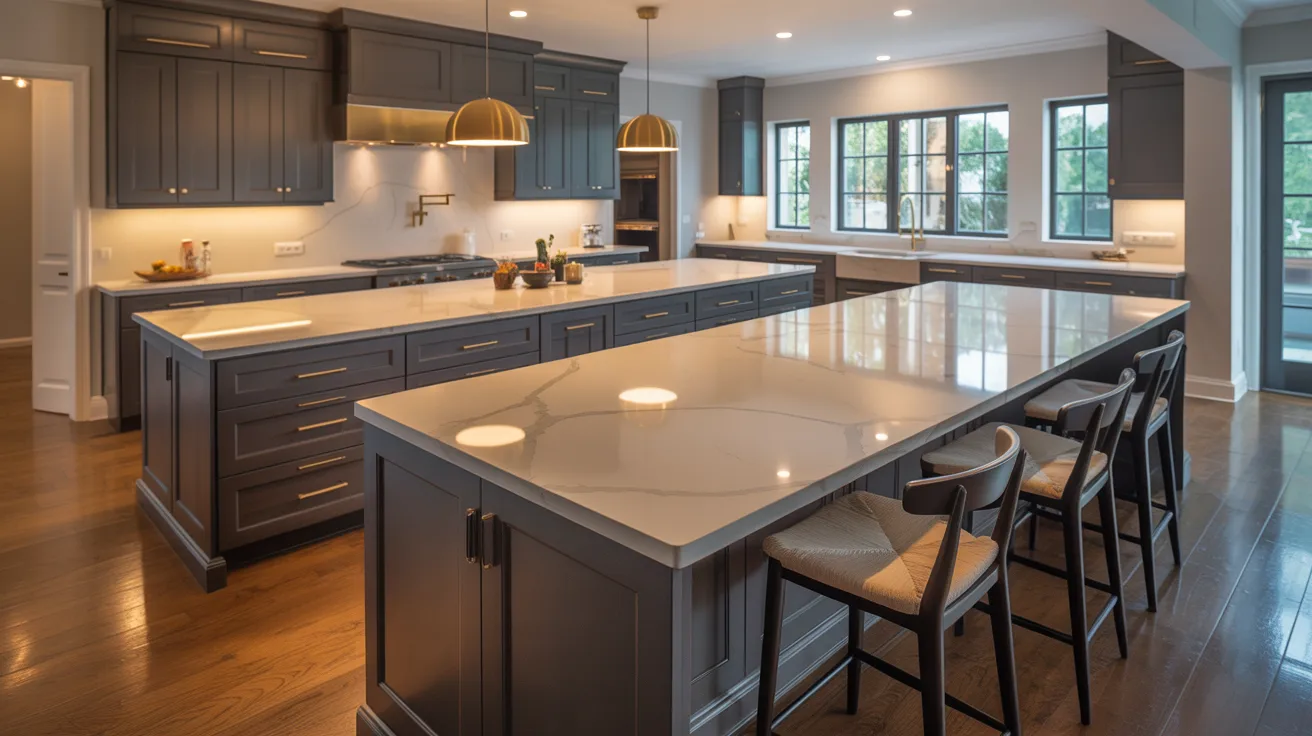 A spacious kitchen featuring a central island and a bar area, designed for cooking and entertaining.
