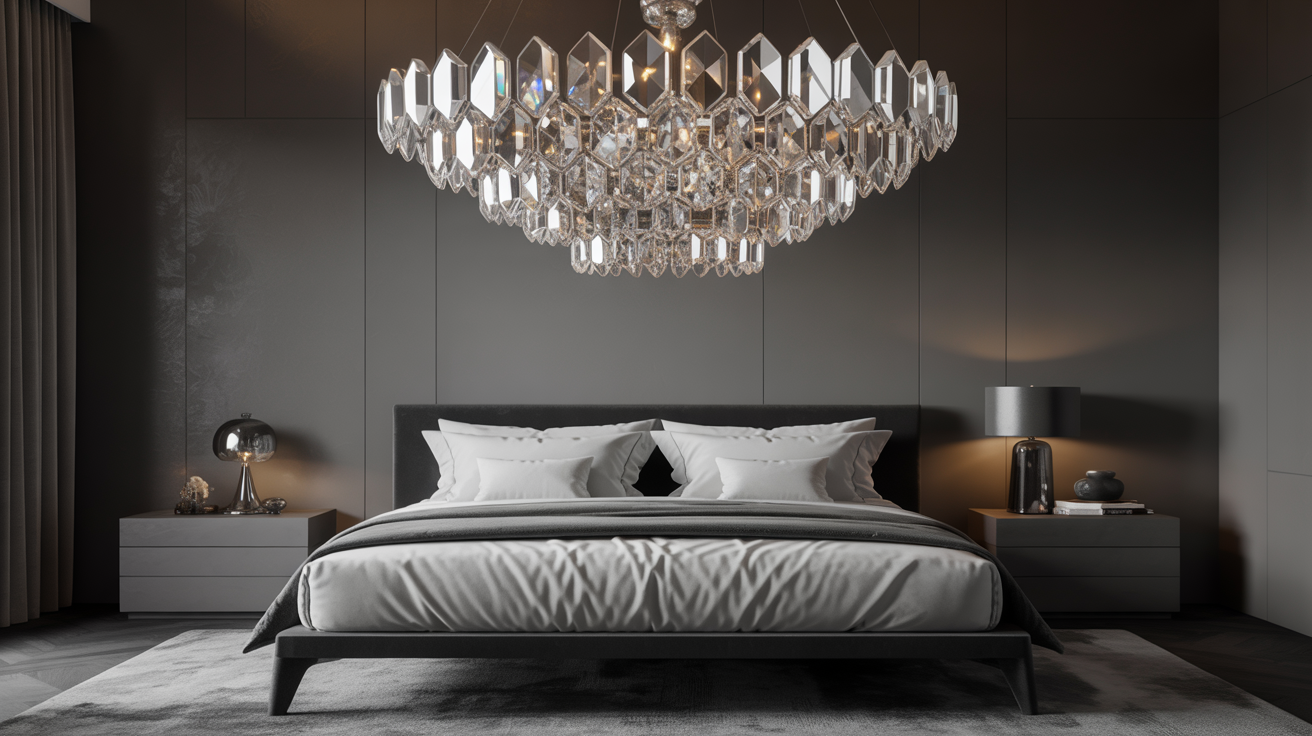 A modern bedroom featuring a stylish chandelier above a neatly made bed, showcasing contemporary decor and design.