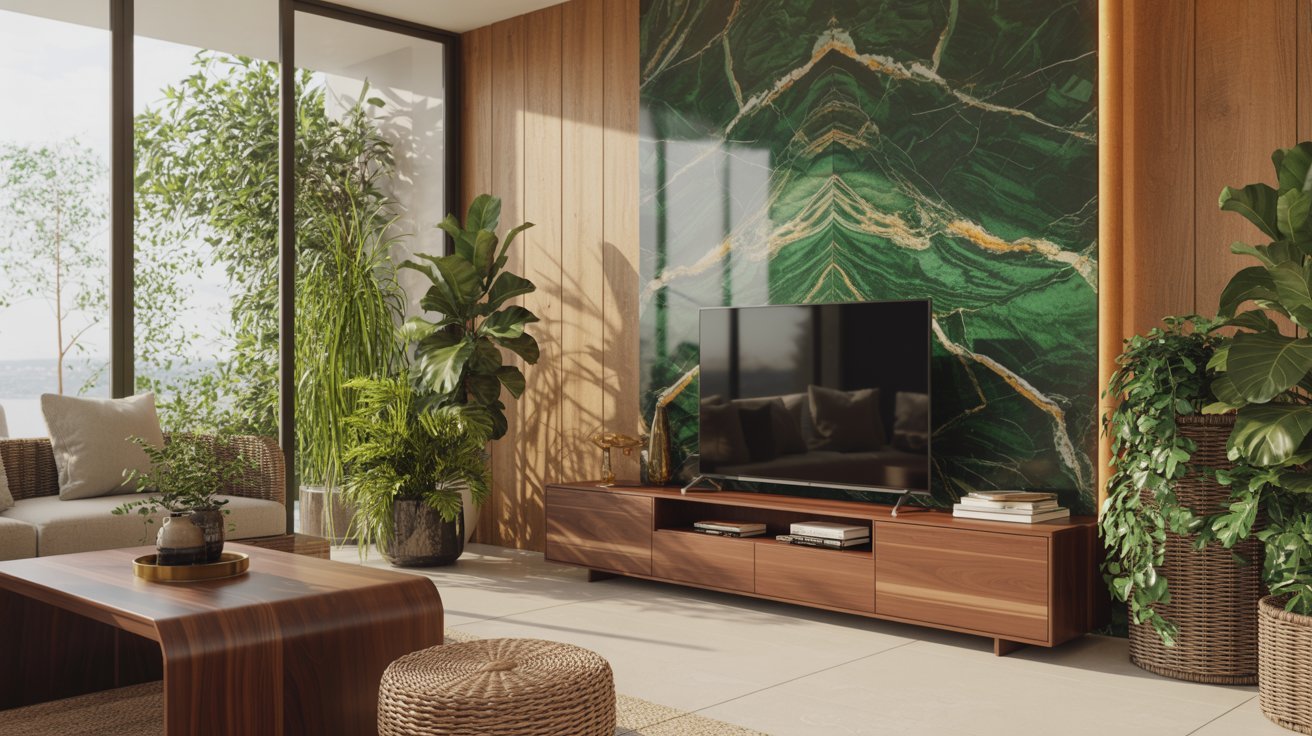 A spacious living room featuring a prominent green wall, enhancing the room's vibrant and inviting atmosphere.