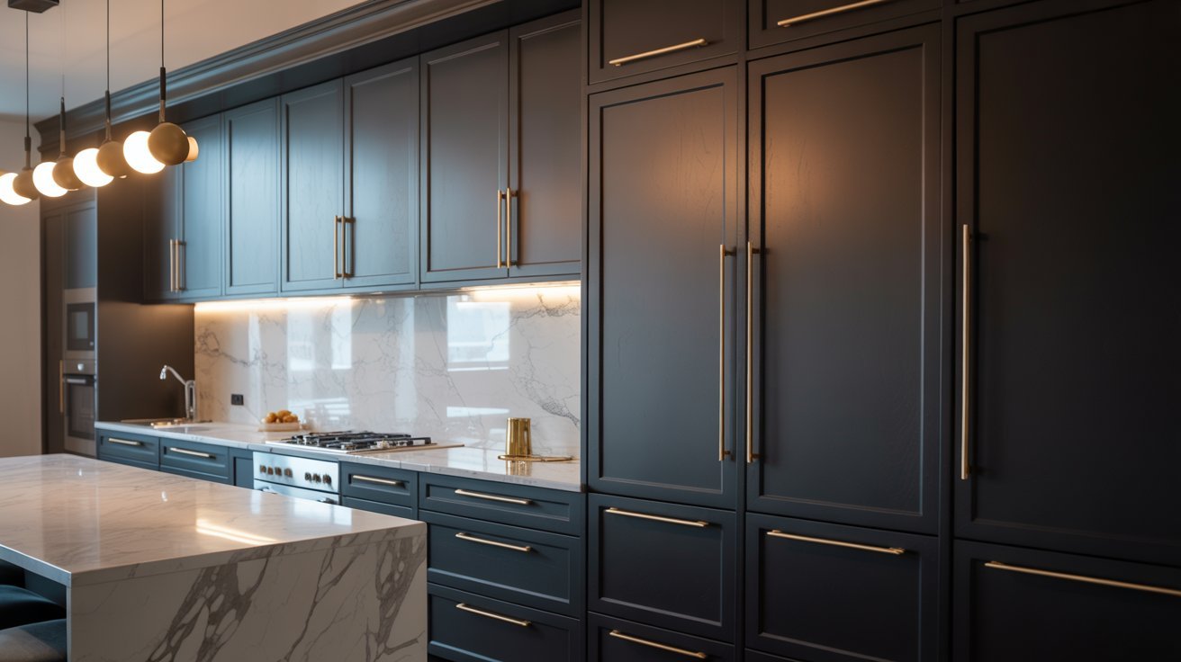 A sleek modern kitchen featuring black cabinets complemented by elegant gold accents.