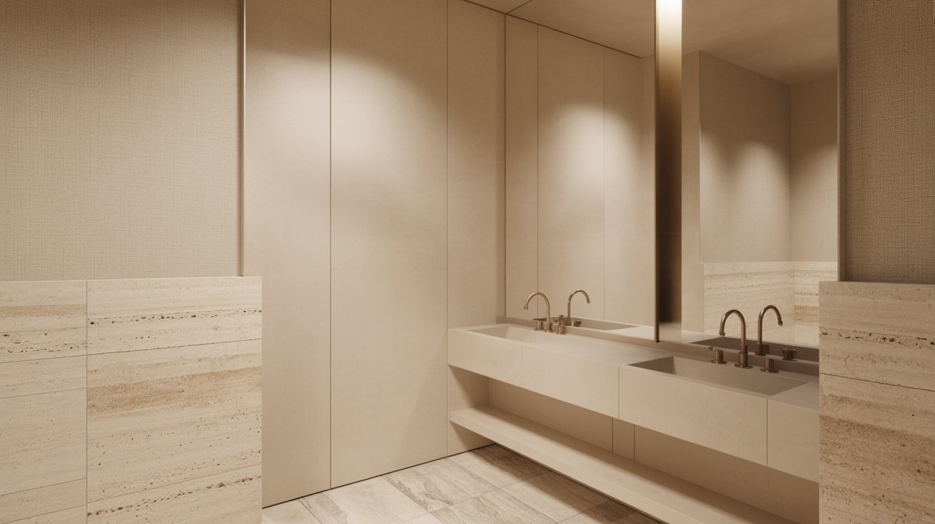 A modern bathroom featuring two sinks and a large mirror above them, with neutral-colored walls and stylish fixtures.
