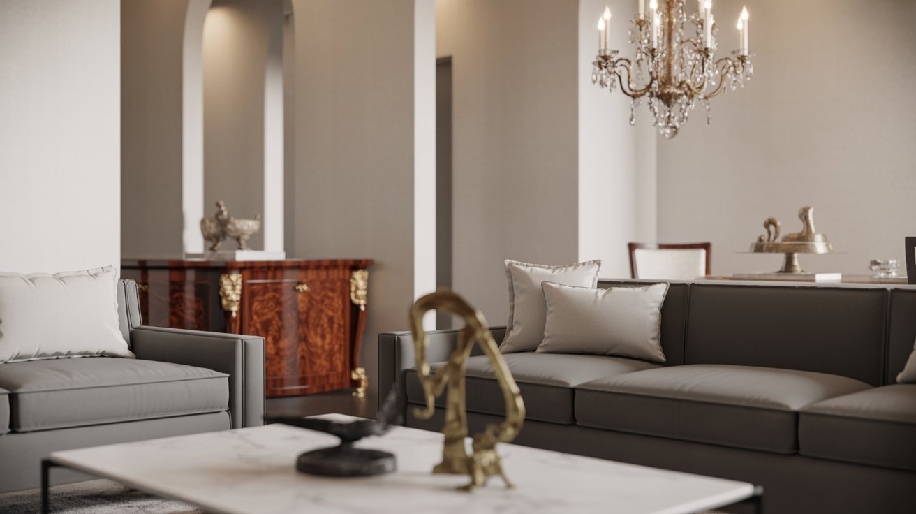 A cozy living room featuring two couches and an elegant chandelier hanging from the ceiling.