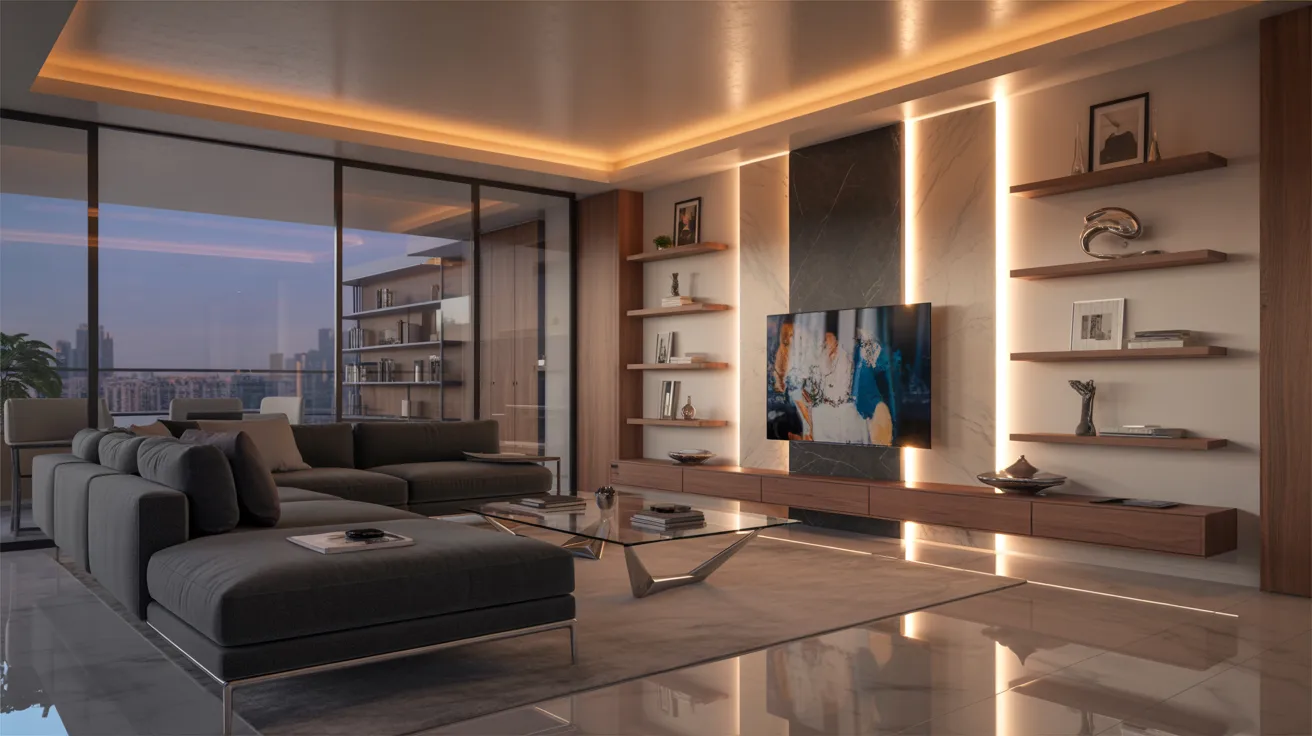  Modern living room featuring large windows, a flat screen TV, and contemporary furnishings.