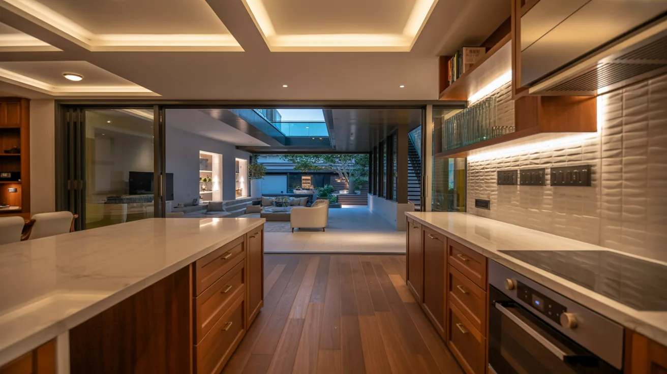 An outdoor kitchen with a grill and a dining table, perfect for outdoor dining and entertaining.