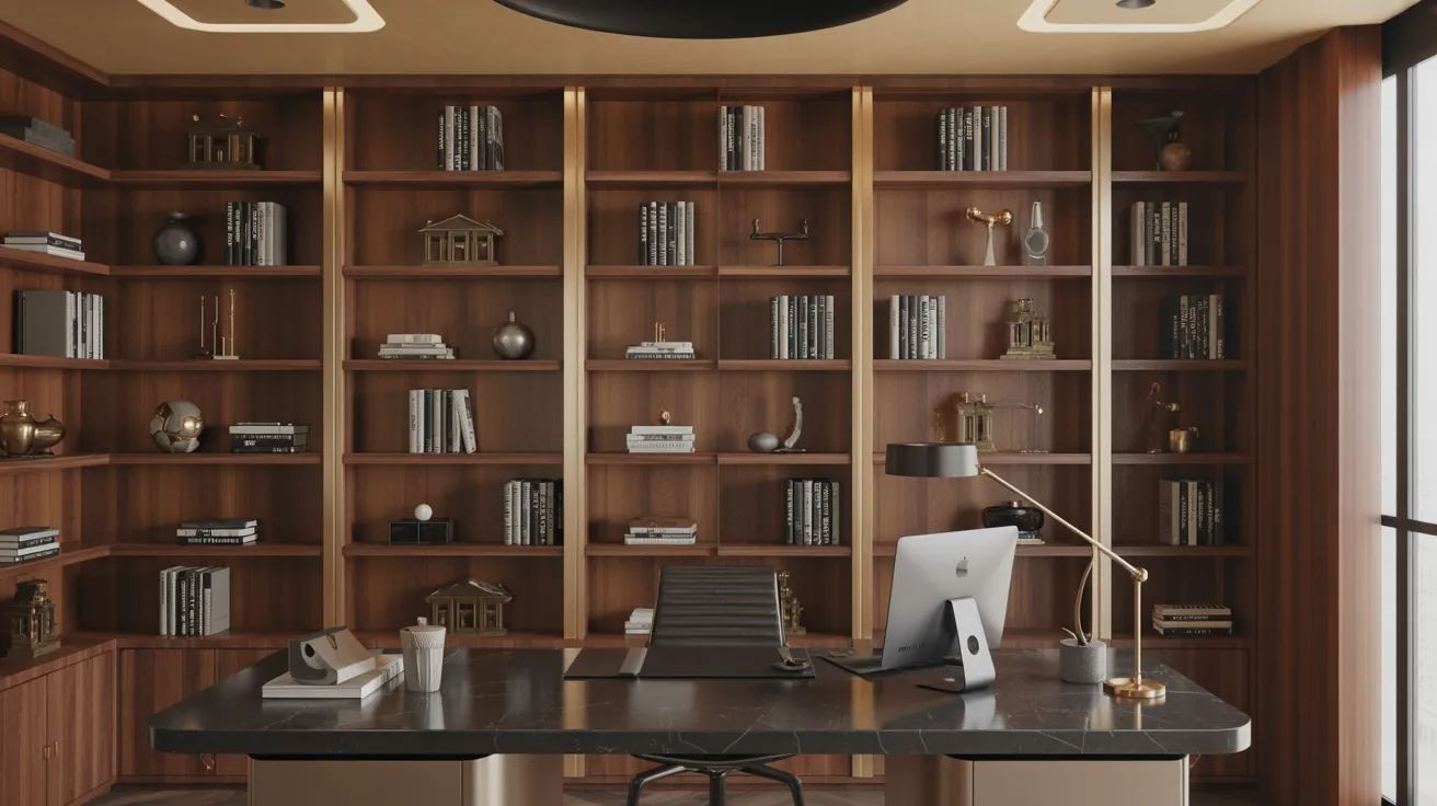 A home office featuring a desk and bookshelves filled with books, creating a cozy and organized workspace.