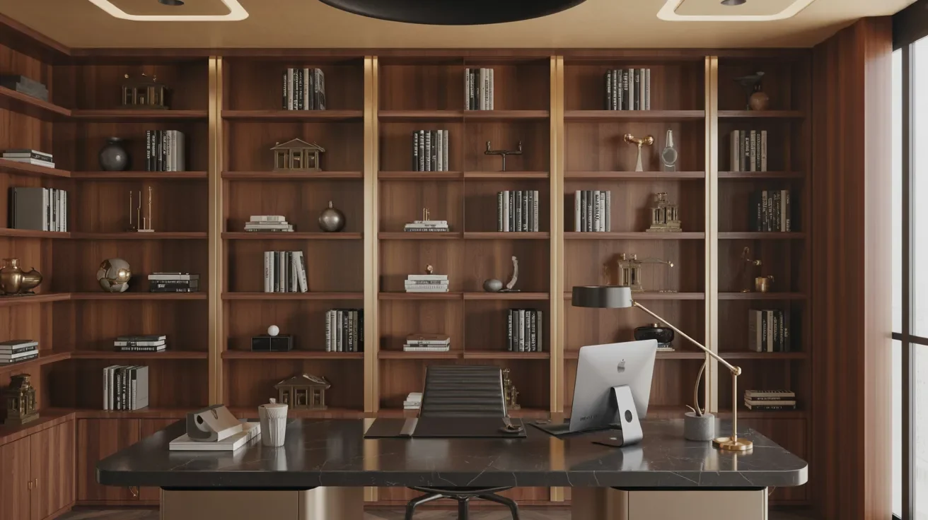A home office featuring a desk and bookshelves filled with books, creating a cozy and organized workspace.