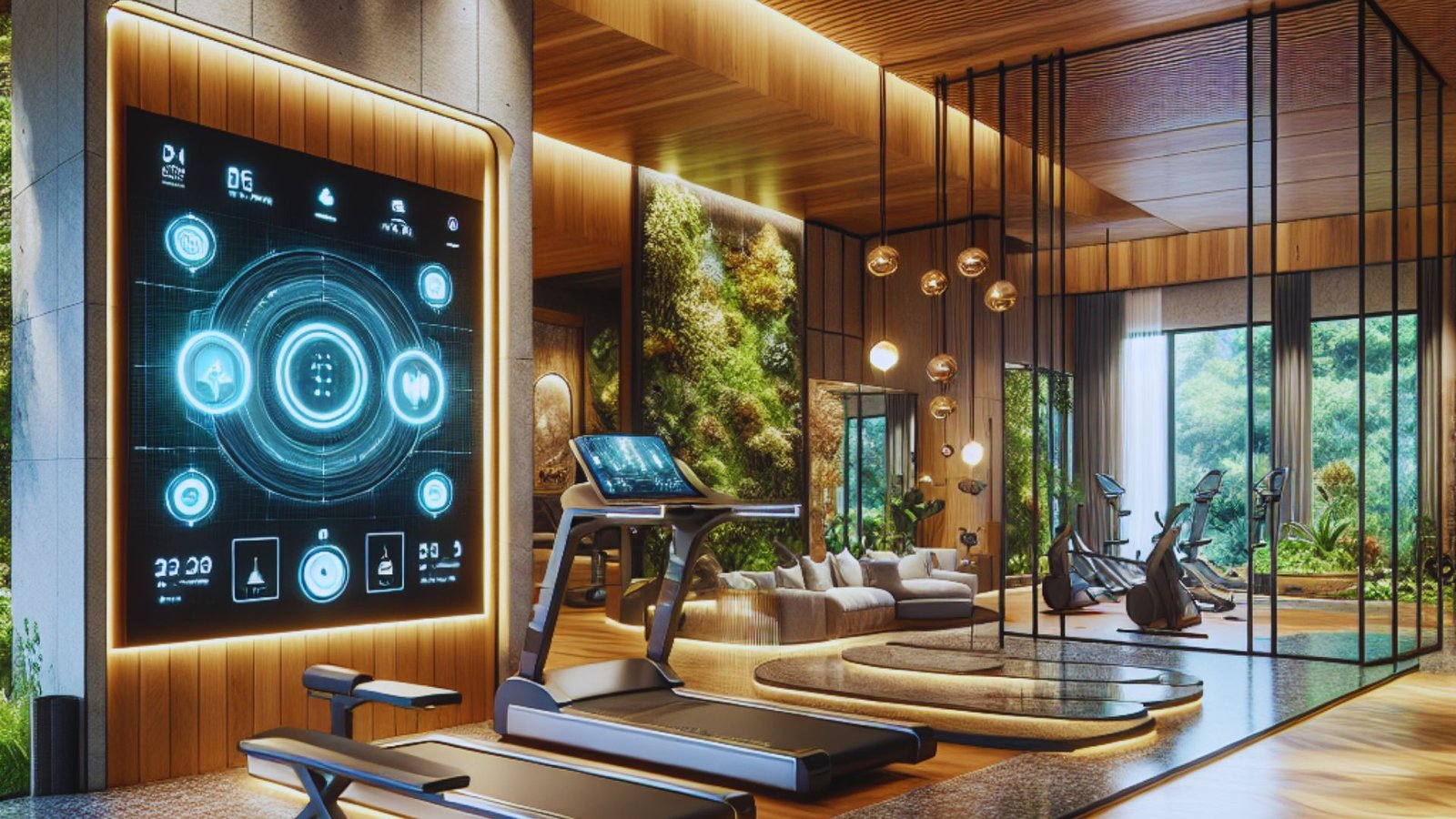  A modern gym featuring a large screen mounted on the wall, showcasing fitness classes and workout information.