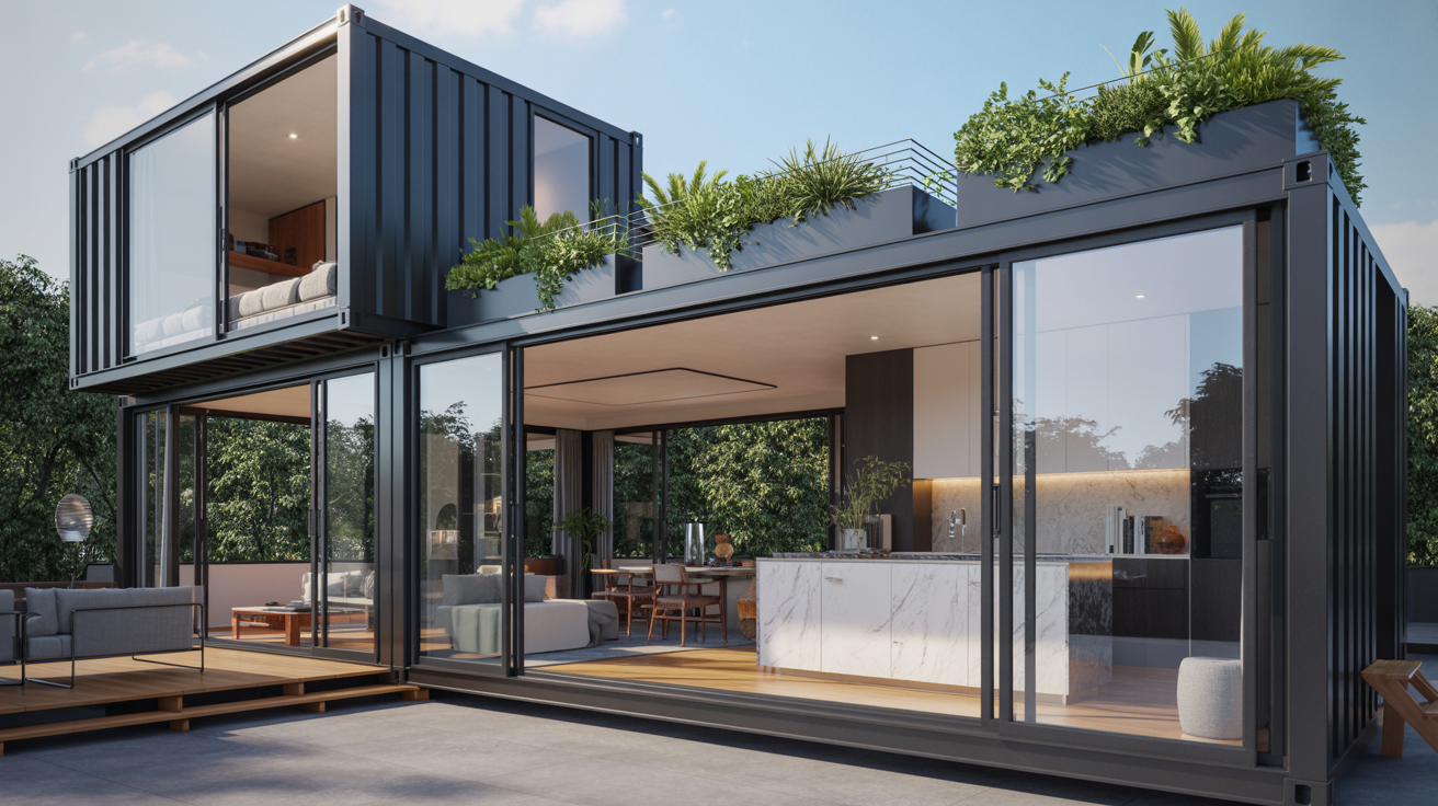 A modern home featuring a spacious balcony and a stylish deck, showcasing contemporary architectural design.