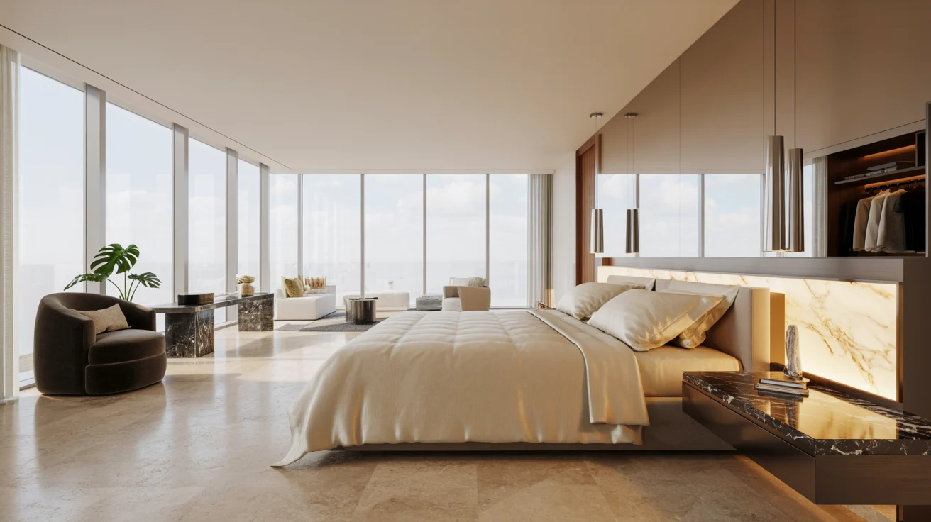 A modern bedroom featuring a large bed and a spacious window allowing natural light to fill the room.