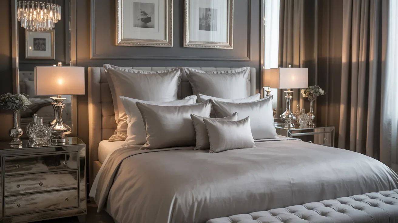 A cozy bedroom featuring a neatly made bed and a stylish nightstand beside it.