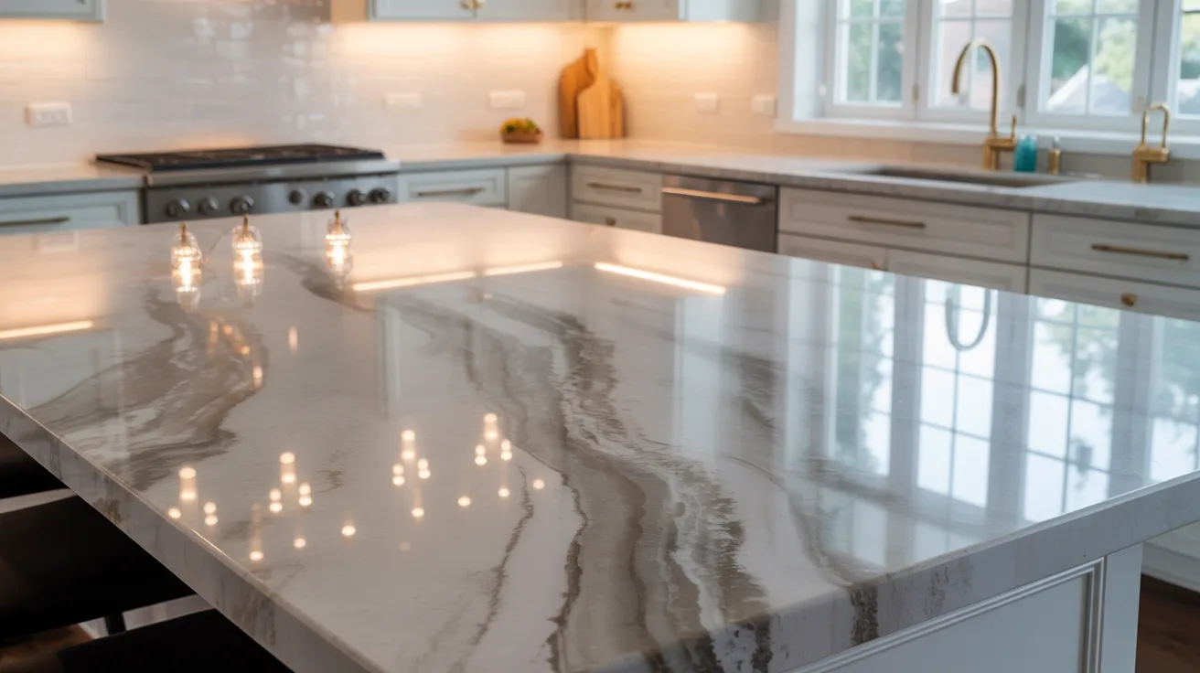 A modern kitchen featuring elegant marble countertops and a spacious central island for cooking and dining.