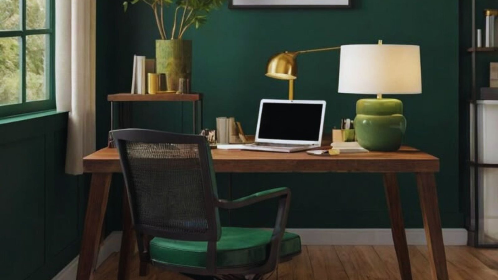 A home office featuring green walls and wooden floors, creating a warm and inviting workspace atmosphere.