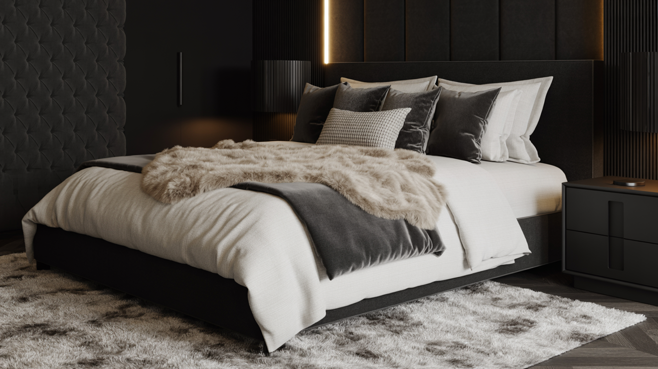 A modern bedroom featuring black walls and a white bed, creating a striking contrast in the interior design.