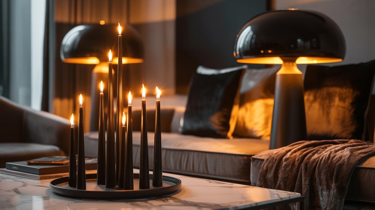 A cozy living room featuring a table and a lamp, creating a warm and inviting atmosphere.