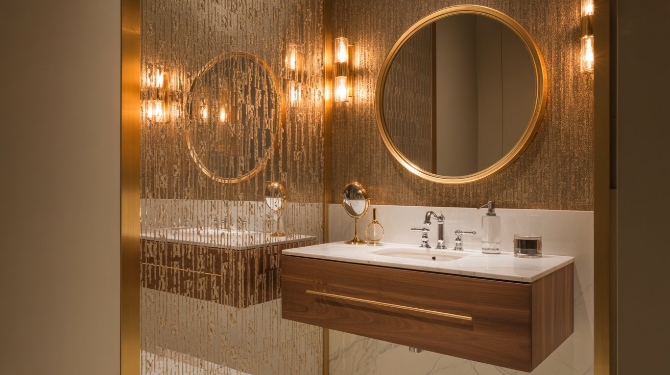  A luxurious bathroom featuring gold walls and a large mirror reflecting the elegant decor.