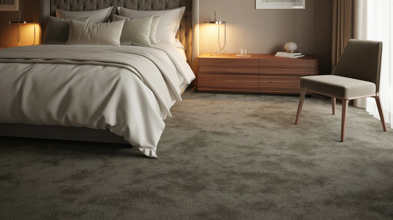 A cozy bedroom featuring a bed, a nightstand, and a lamp, creating a warm and inviting atmosphere.