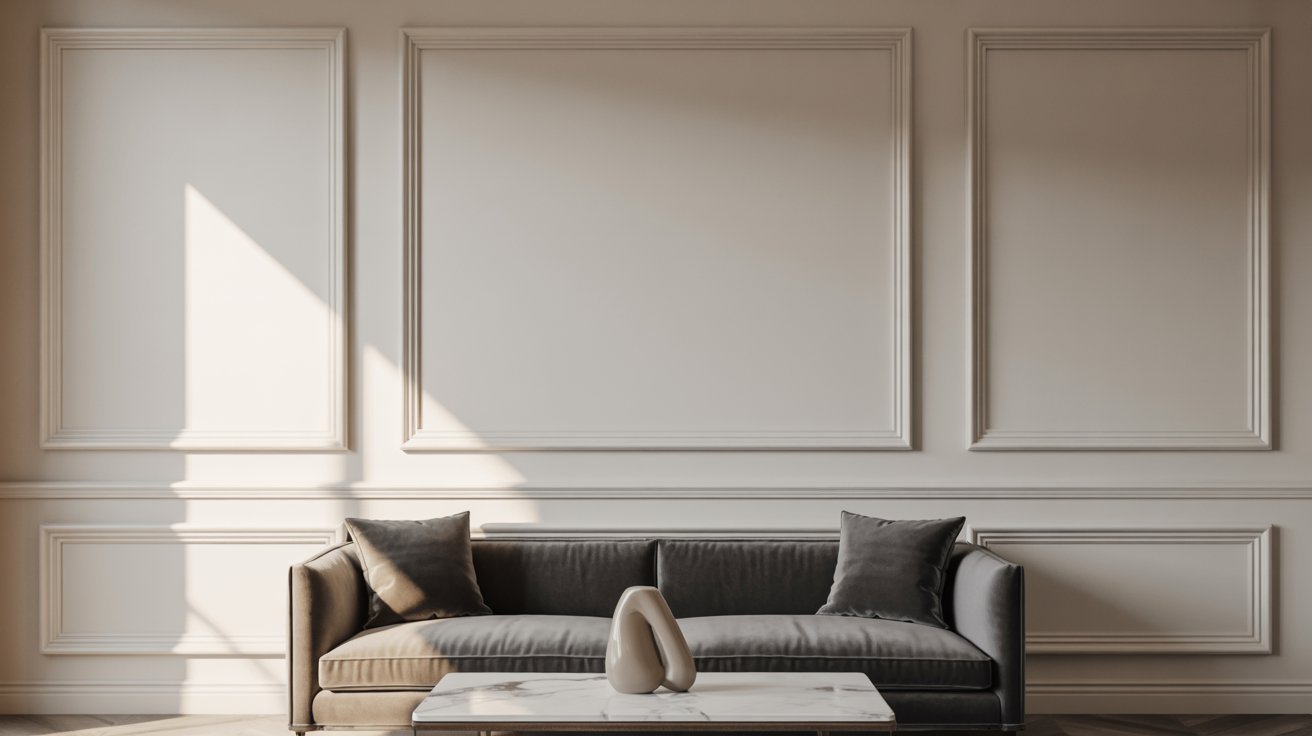 A sleek living room showcasing a comfortable sofa and a minimalist wall design.