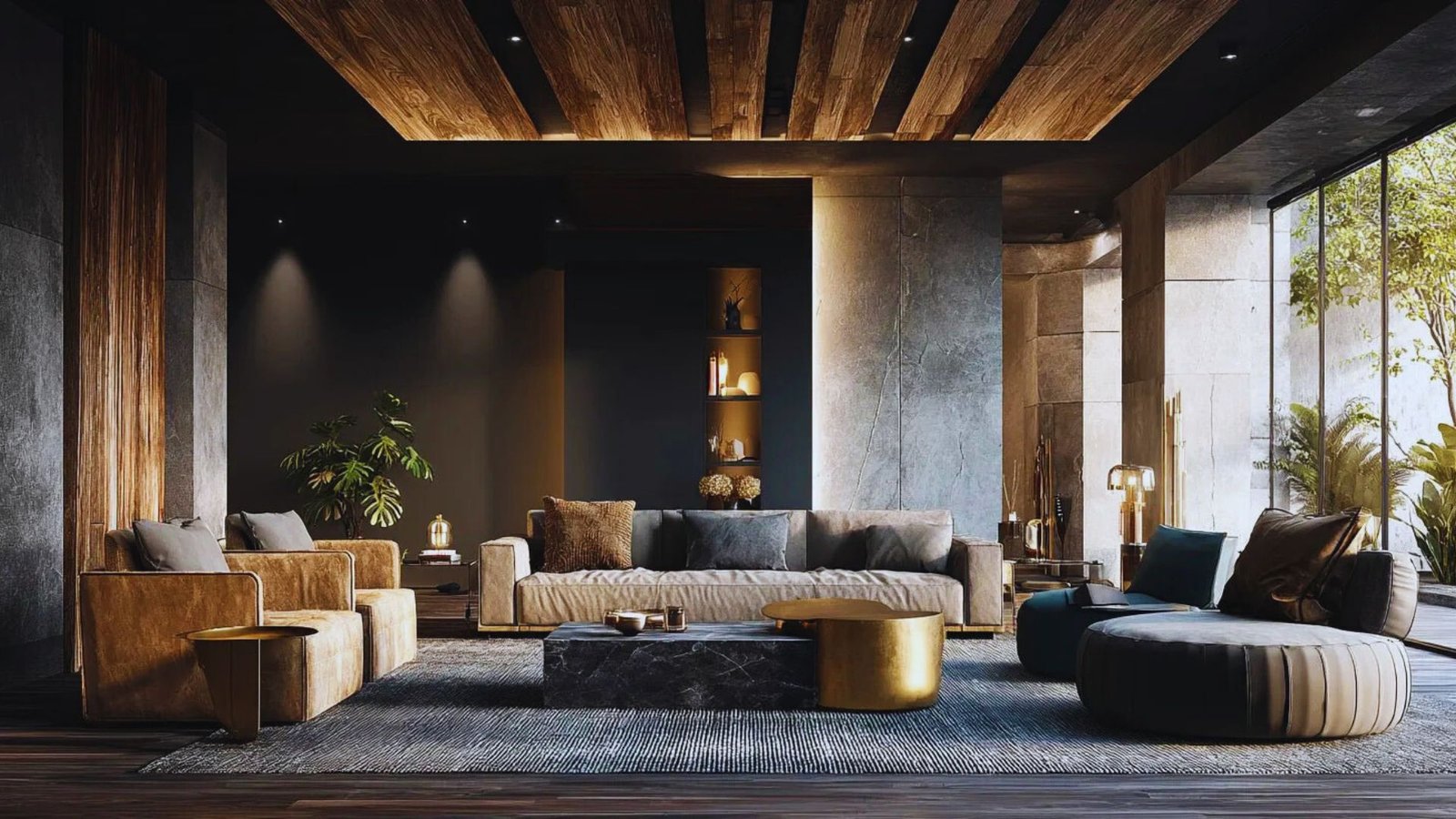 A modern living room featuring a wooden ceiling and dark walls, creating a cozy and stylish atmosphere.