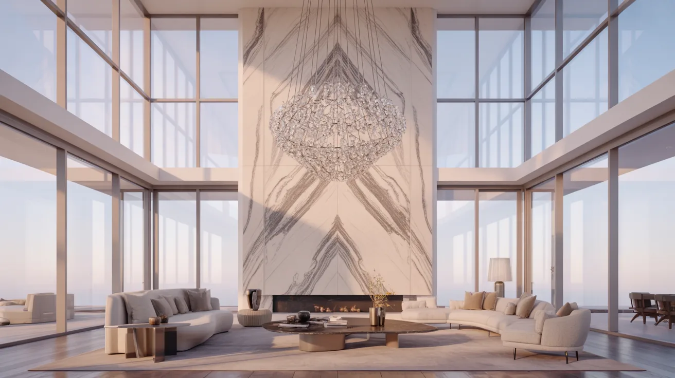 A spacious living room featuring a large chandelier and expansive windows allowing natural light to fill the space.
